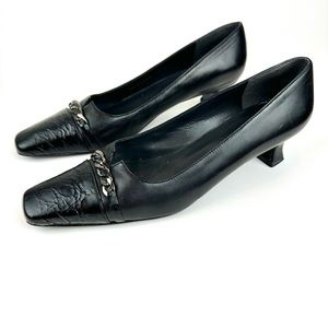 Stuart Weitzman Captiva Black Caiman Croc Embossed Leather Kitten Heels